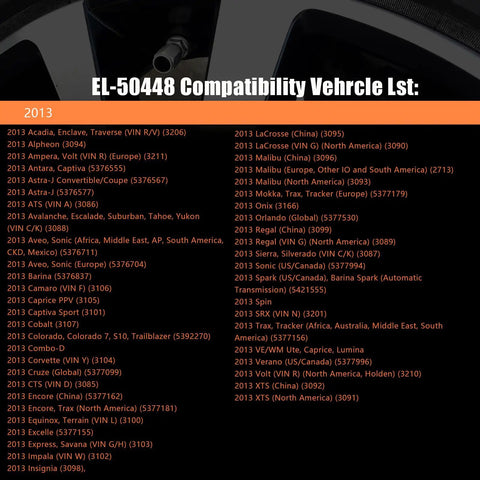 GM TPMS Relearn Tool For Tire Sensor Activation EL-50448 compatibility list for various 2013 vehicle models.