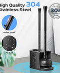 Heavy Duty Stainless Steel Toilet Plunger And Bathroom Brush Set Rustproof in a sleek stand, highlighting 304 steel and waterproof design.