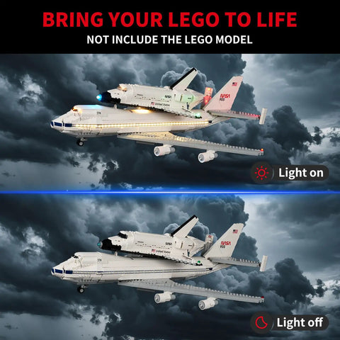 LED lights on and off on the Shuttle Carrier Aircraft 10360 building set with 2.0 LED Light Kit, hidden wire design shown.