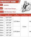 Pro Grade T-Bolt Hose Clamps Assortment Kit Features 50 Pieces Of Premium 304 Stainless Steel, size chart with dimensions.