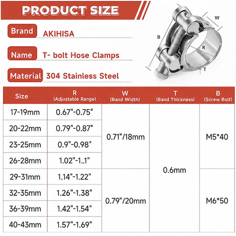 Pro Grade T-Bolt Hose Clamps Assortment Kit Features 50 Pieces Of Premium 304 Stainless Steel, size chart with dimensions.