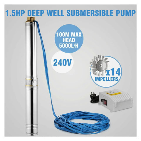 Rock Solid Adjustable Submersible Pump With Half Horsepower Brushless Motor And Stainless Steel Body Delivers Badass Durability And Straight Up Top Tier Flow For Deep Well Sump Or Camper Setup, showing 1.5HP pump with stainless steel body.