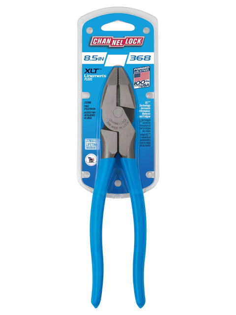 Workhorse Linemen's Pliers With High Leverage Side Cutting 8.5 Inch shown in packaging with blue handles