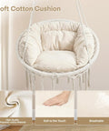 Cozy Macrame Hammock Chair With Thick Cushions, Indoor Outdoor Hanging Swing For Balcony Porch Or Bedroom, Sturdy Cotton Rope, Holds Up To 350 Lbs, White