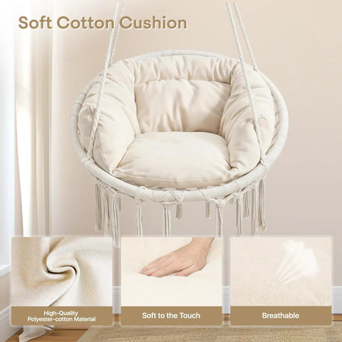 Cozy Macrame Hammock Chair With Thick Cushions, Indoor Outdoor Hanging Swing For Balcony Porch Or Bedroom, Sturdy Cotton Rope, Holds Up To 350 Lbs, White