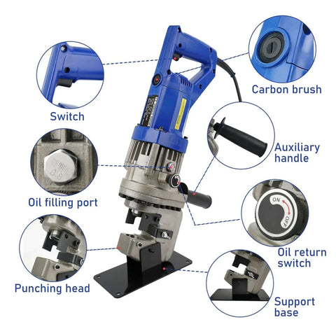 Beast 1300W Electric Hydraulic Hole Puncher With 10 Ton Punch, 110V Metal Punching Machine showing parts like switch and punching head