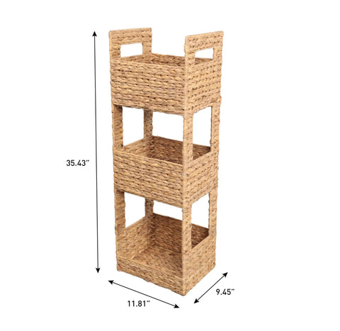 Gunter 35.5 Inch Coastal Handwoven Water Hyacinth 3 Tier Freestanding Storage Tower with natural woven baskets