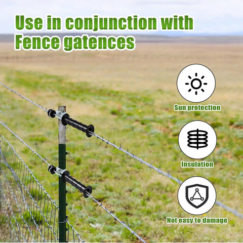 Spring Loaded Electric Fence Gate Handle Kit With T Post Insulators and wire on outdoor fence post in field