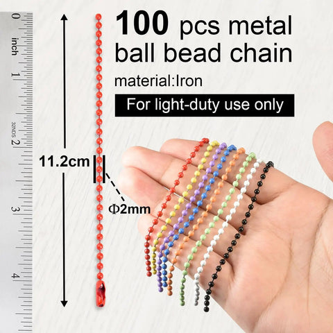 100 Pieces 11.2 Cm Ball Bead Chain Keychain Links in Assorted Colors for DIY Jewelry Making Keychains Tags Mini CD Case Photo Card Holder Protectors and Light Duty Metal Bead Connectors, iron 2mm beads