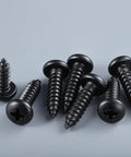 Number Eight By Three Quarters Inch Self Tapping Pan Head Wood Screws With Phillips Drive And Black Oxide Finish for sturdy timber and metal.