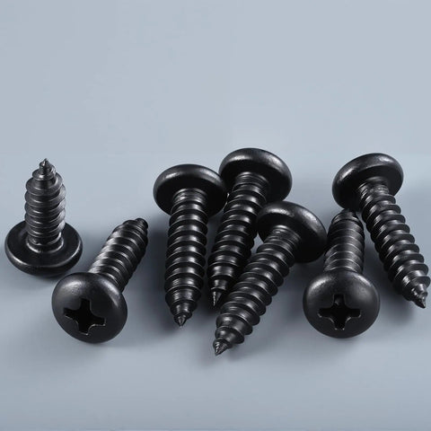 Number Eight By Three Quarters Inch Self Tapping Pan Head Wood Screws With Phillips Drive And Black Oxide Finish for sturdy timber and metal.