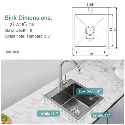 15 Inch Black Bar Sink Drop In Topmount Or Overmount Single Bowl Prep Kitchen Sink Handmade 20 Gauge T304 Stainless Steel