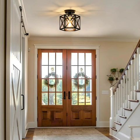 Must Have Industrial Black Hexagon Farmhouse Ceiling Light Fixture in a foyer, semi flush mount, 9.5 inch, 1 light installed view