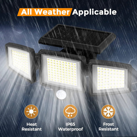Outdoor Solar Flood Lights 210 LED 2500LM Three Head Motion Sensor in rain with IP65 waterproof feature