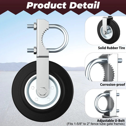Heavy Duty Gate Wheels For Metal Swing And Sliding Fences Built To Crush A Massive Five Hundred Pound Weight Limit So Your Backyard Or Ranch Gate Rolls Smooth With Zero Sweat Includes Two Tough Support Casters with solid rubber tire and adjustable U-bolt.