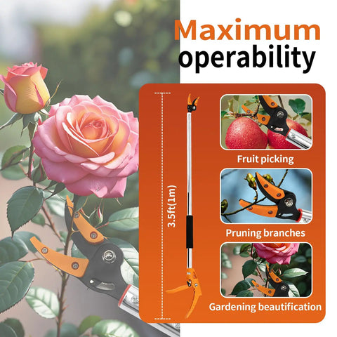 Long Reach Tree Pruner And Trimmer For High Branches And Fruit Picking 3.5 Foot Aluminum Extension Shears in use on rose bush