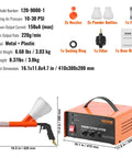Vevor 50Kv Electrostatic Powder Coating Kit With Foot Switch And Spray Gun For Home Diy Projects Heavy Duty Equipment showcasing gun and machine dimensions.