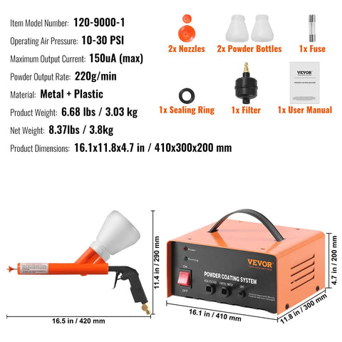 Vevor 50Kv Electrostatic Powder Coating Kit With Foot Switch And Spray Gun For Home Diy Projects Heavy Duty Equipment showcasing gun and machine dimensions.