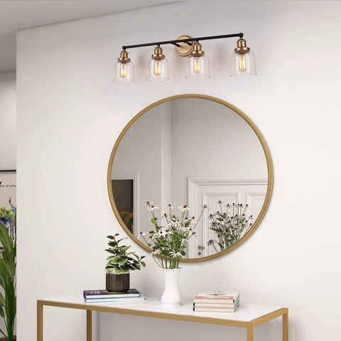 Modern Black And Gold Vanity Lights Over Mirror, Four Light Bathroom Fixture With Clear Glass Shades, Sleek Contemporary Wall Mount