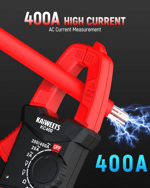 5 in 1 Digital Clamp Meter With Auto Ranging, 400A AC Current, 600V AC DC Voltage, Resistance, Continuity And Diode Testing, 2000 Count Resolution, Portable Pocket Sized Multimeter For Pros And DIY, red clamp on cable