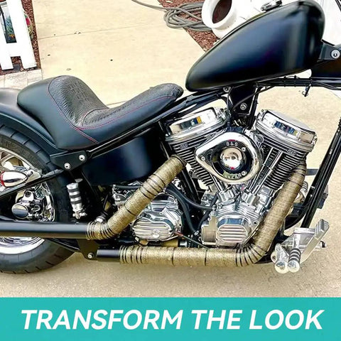 Motorcycle with 2 Inch By 16 Foot Titanium Fiberglass Exhaust Heat Wrap Roll With Heat Shield Tape Kit installed on pipes