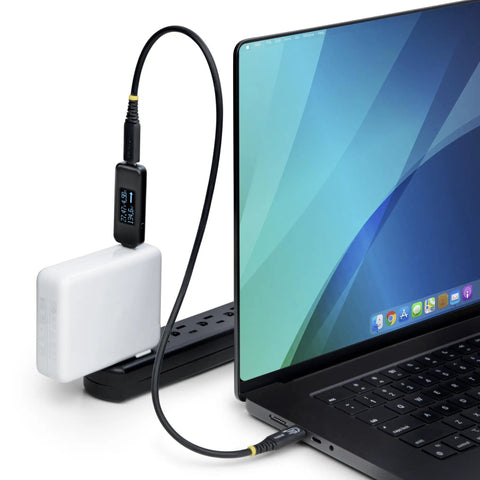 USB C Power Tester And Digital Multimeter Bi Directional Voltage And Current Meter 240W PD EPR Cable Port Tester in use on laptop