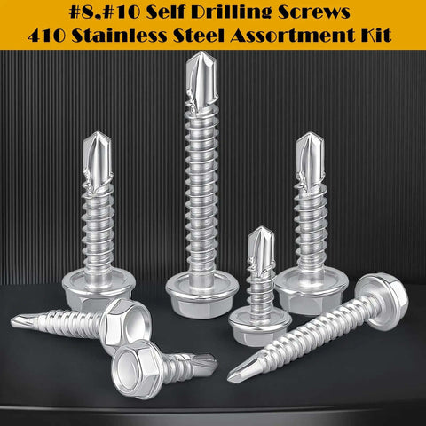Heavy Duty 150 Piece Self Drilling Screws Kit Stainless Steel Rust Resistant Hex Washer Head Tek Screws display