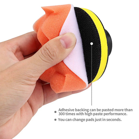 Hand holding Pro Grade 3 Inch Drill Buffing Pad Kit with orange foam pad showing adhesive backing features