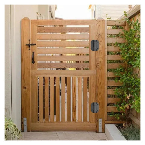 2-pack adjustable torque-damping hinges mounted on a wooden outdoor gate