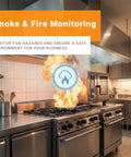 Rugged Wireless LoRaWAN Smoke And Heat Detector With No Fuss Setup And Marathon Battery Life Featuring Slick Cloud Monitoring For Heavy Duty Commercial Sites in a kitchen monitoring fire hazards.