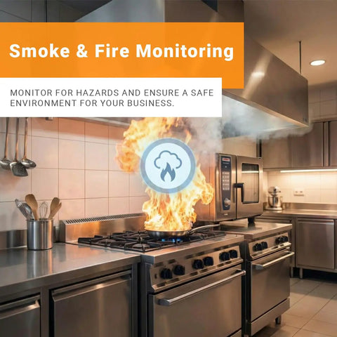Rugged Wireless LoRaWAN Smoke And Heat Detector With No Fuss Setup And Marathon Battery Life Featuring Slick Cloud Monitoring For Heavy Duty Commercial Sites in a kitchen monitoring fire hazards.