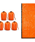 Pack of 5 orange Emergency Sleeping Bag Reflective Mylar Heat Retention shown with one open, highlighting portable survival gear.