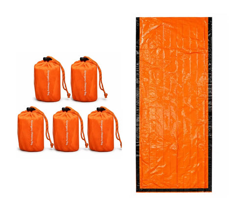 Pack of 5 orange Emergency Sleeping Bag Reflective Mylar Heat Retention shown with one open, highlighting portable survival gear.