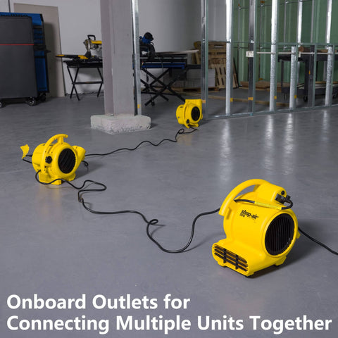 Professional 500 Max CFM Air Mover With 12 Ft Cord, 3 units connected in a construction site, showcasing onboard outlets