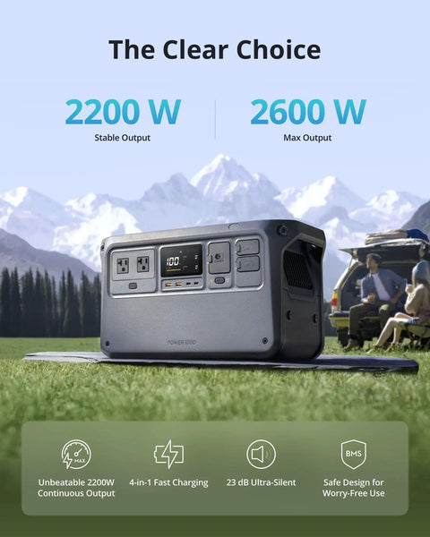 Ultra Quiet 1024Wh LiFePO4 Portable Power Station That Delivers 2200W Continuous Power And 2600W Peak 140W USB C 23Db Silent Solar Generator Built For Home Backup And Camping Solar Panel Optional in field with mountains