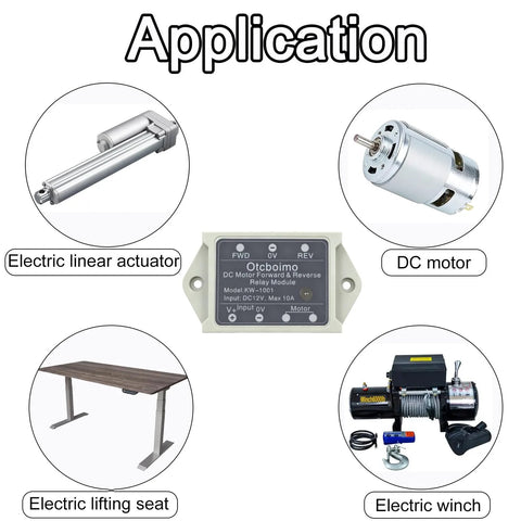 12V forward/reverse motor switch module (10A); shown with DC motor, electric linear actuator, electric winch, and lifting seat.