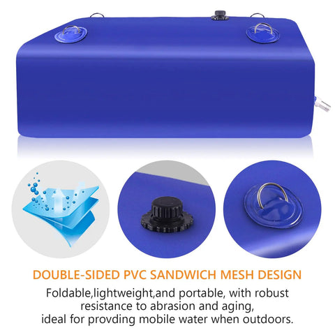 Portable Water Storage Bladder Tank 90 Gallons Large Capacity Blue Water Container showing PVC mesh design and valve