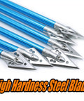 6.3 Inch Mini Crossbow Bolts With Bright Colors And Replaceable Tips, sharp stainless blades, close-up of blue aluminum shafts