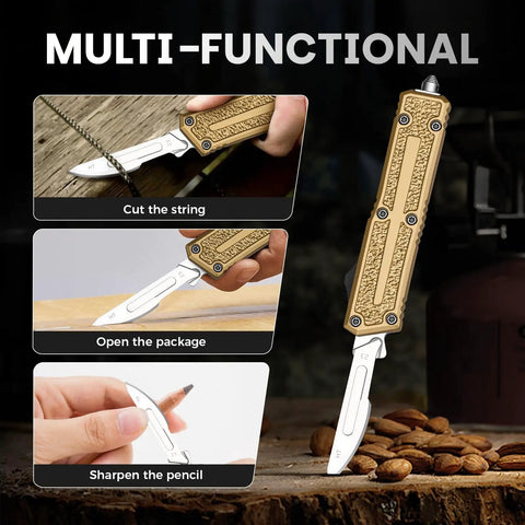Multi-functional Heavy-Duty All-Metal Utility Knife, Folding Box Cutter With Manual Thumb Control, Safe Blade Extension, Includes Ten Pro Model 23 Stainless Steel Blades, Tool-Free Quick Swap, Durable Metal Handle For No-Nonsense Cutting Tasks in use for cutting string, opening package, sharpening pencil.