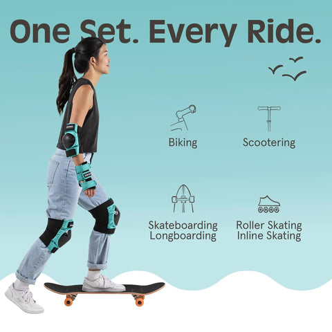 Woman skateboarding wearing All In One Knee Pads Elbow Pads And Wrist Guards Set For Men Women And Kids Pro Grade Protective Gear