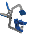 90 Degree Corner Clamp For Woodworking, Right Angle And T Joint Clamps, Automaxx Technology Auto Adjusts To Wood Thickness, Pro Grade Joinery Tools For Cabinets Drawers Boxes And DIY Home Projects in metal and blue plastic components, open position, displayed against a plain background
