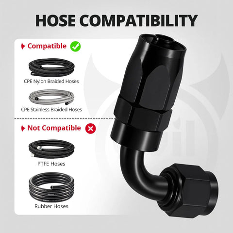 6AN Hose End Fitting Kit Straight 45 Degree And 90 Degree Swivel For CPE Braided Hose Aluminum 6061T6 Anodized Black High Flow 1500 PSI Max Working Pressure, 90-degree fitting