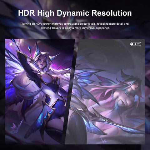 Split image showing HDR impact on gaming graphics with enhanced detail and color, demonstrating high dynamic resolution features.