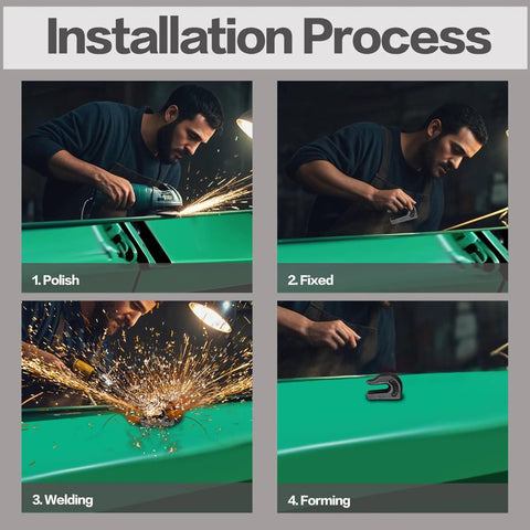 Installation process showing steps to attach Six Pack Three Eighths Inch Weld On Grab Hooks Heavy Duty G70 Grade Utility Hooks
