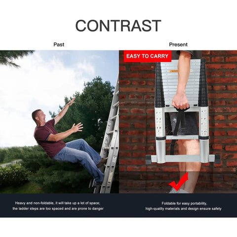 Man falling from unstable ladder vs. holding Telescopic Ladder 15.5 Ft Heavy Duty Aluminum Alloy Multi Purpose Collapsible Steps.