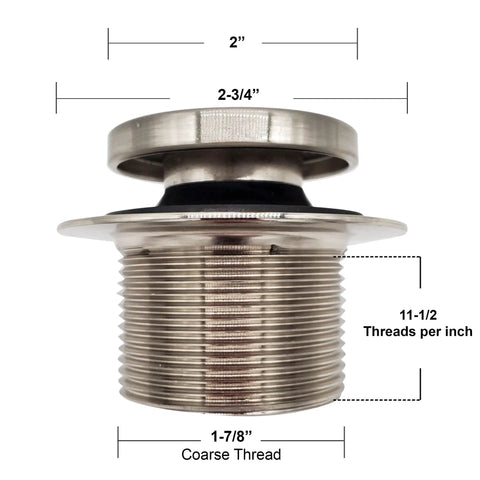 Heavy Duty Tip Toe Bathtub Drain Plug With One Hole Overflow Cap Oil Rubbed Bronze Finish showing dimensions and threads.