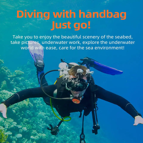 Diver using Rechargeable Scuba Diving System With Waterproof Air Compressor 7M Telescopic Pipe And Breathing Regulator in ocean.