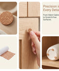 Killer Grip Peel And Stick Cork Bumper Pads For Kitchen Cabinets Furniture Drawers Self Adhesive Dots showcasing application on wood.