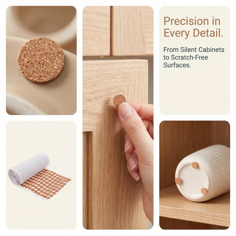 Killer Grip Peel And Stick Cork Bumper Pads For Kitchen Cabinets Furniture Drawers Self Adhesive Dots showcasing application on wood.