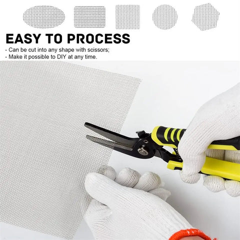 Gloved hands cutting 4 Pack Stainless Steel Wire Mesh Sheets 12 By 8 Inches For DIY Projects No Rust Easy To Cut Durable As Heck With Snips
